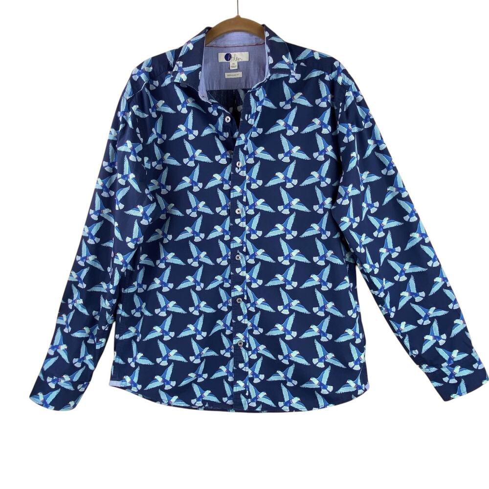 Boden Mens Bird Print Shirt Size M 100% Cotton Casual Button Down Blue